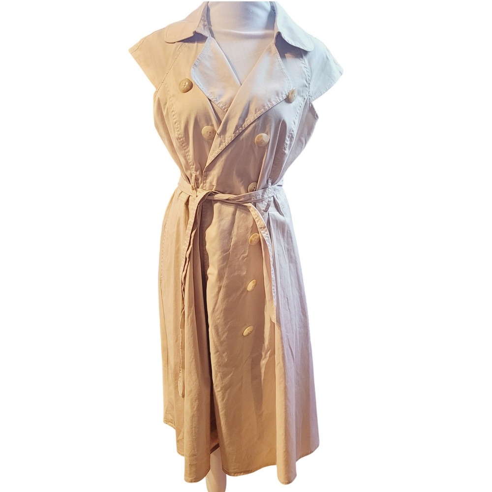 Suzy Chin Maggy Boutique Sleeveless Trench Dress Beige Double Breasted Belted 12